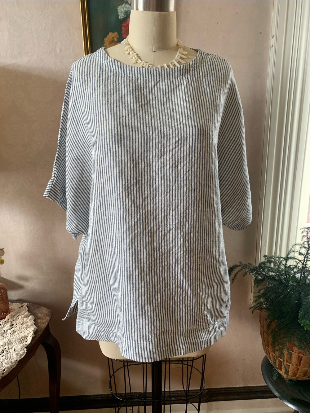M&S Boxy Relaxed Striped Linen Blend Top - Blue/White Sz 16